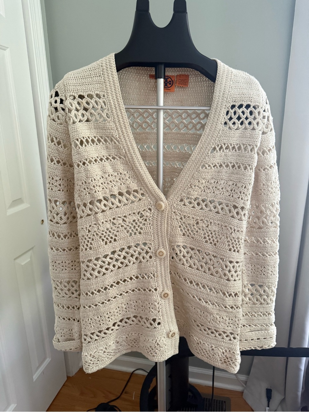 Tory Burch Crochet Knit Cardigan Sweater Cream Open Knit Metallic Boho Coastal L